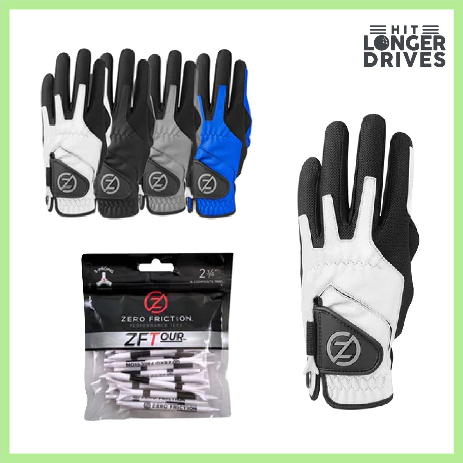 Zero Friction Men's Compression Golf Glove (4 Pack + 16 White Tees)