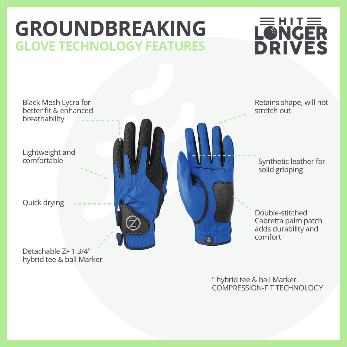 Zero Friction Men's Compression Golf Glove (4 Pack + 16 White Tees)