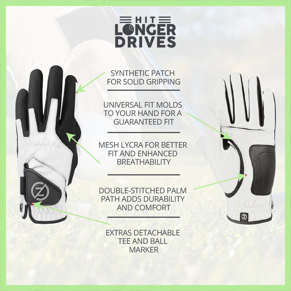 Women's Zero Friction Compression Golf Glove (4 Pack + 16 White Tees)