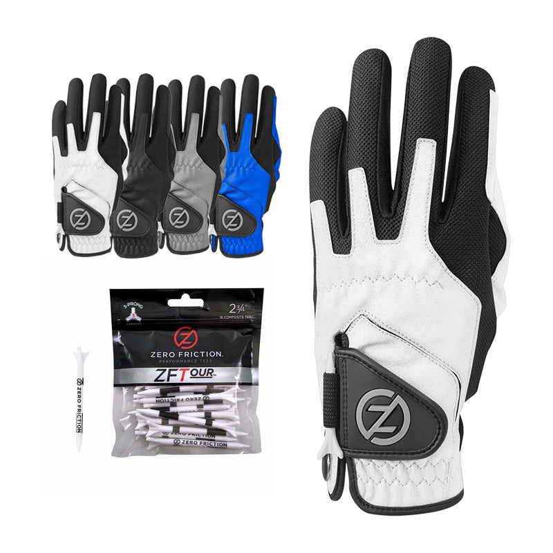 Zero Friction Men's Compression Golf Glove (4 Pack + 16 White Tees)