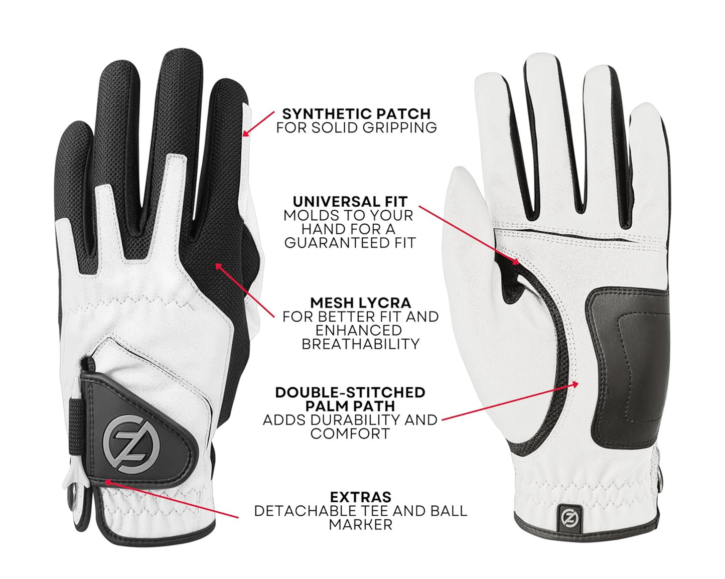 Zero Friction Men's Compression Golf Glove (4 Pack + 16 White Tees)