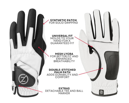 Zero Friction Men's Compression Golf Glove (4 Pack + 16 White Tees)